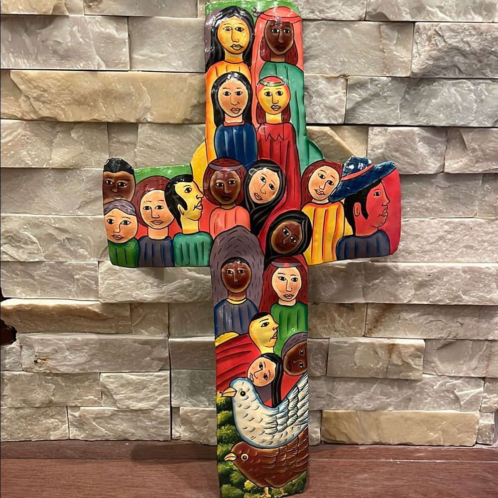 Colorful Hand-Painted Metal Folk Art Cross with People and Dove